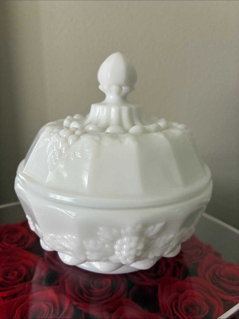 Vintage Westmorland Covered Candy Dish, Sugar Bowl Milk Glass Paneled Grapes